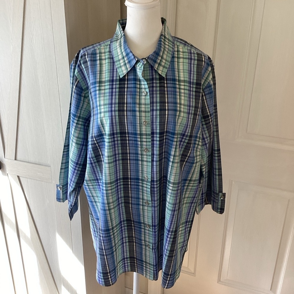 Kim Rogers Women’s Blue and Green Plaid Button Down 3/4 Sleeve Shirt Sz 2x